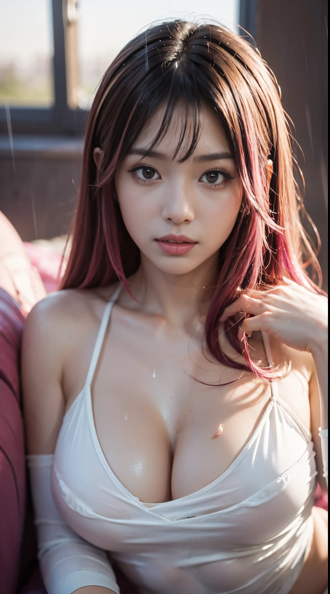 (Best quality at best, 4K, tmasterpiece: 1.3), Beutiful women, hyper realisitc, 1个Giant Breast Girl, (humongous large breast, attractive body: 1.2), sit-ups: 1.1, dark brown hair: 1.1, (wet rain, wet from rain, Get wet:1.2), Super detailed face, 詳細な唇, 詳細な目, 二重まぶた, Low neck dress, Open neckline, hanging, side pose, visible curves, poolparty, lying at the pooledge, lying with friends, golden transparent dress, Blue and pink hair, the sunset