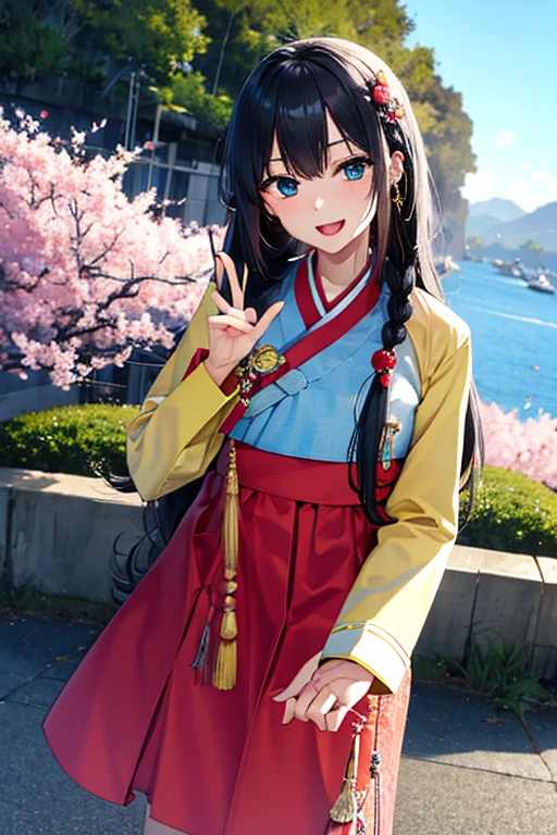 masterpiece, best quality, highres, bbhana, long hair, blacj hair, single braid, hair ornament, whisker markings, ((korean clothes)), ((hanbok)), long sleeves, striped sleeves, ((sky blue jacket)), pink skirt, cherry blossoms, outdoors, standing, smile, open mouth, peace sign, blue eyes, large breast, sexy,