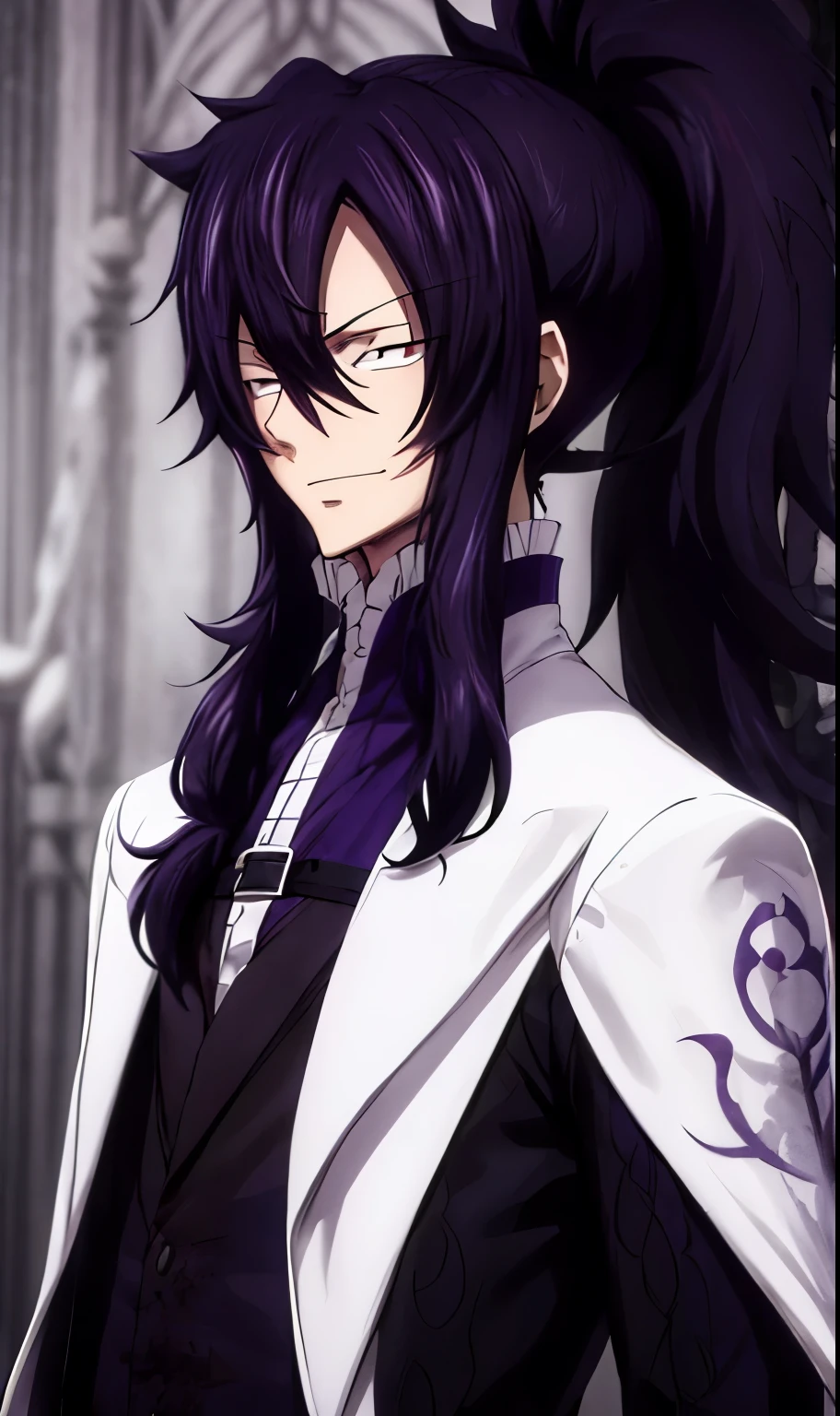 anime fairy tail, pelo morado largo , vestimenta antigua, hombre guapo, cuerpo en forma, dark purple hair,es largo y ondulado, reaching her shoulders even when most are tied in a very large ponytail,su flequillo desordenado casi oscurece sus ojos oscuros y rasgados,a long black jacket adorned with a light-colored flame pattern; The lapels are also a matching lighter color. The cuffs of his jacket are rolled up, revelando un interior de color claro, que contrasta con el exterior negro de su chaqueta, and they have a black line that runs through the edge of the fabric, calidad 4k.