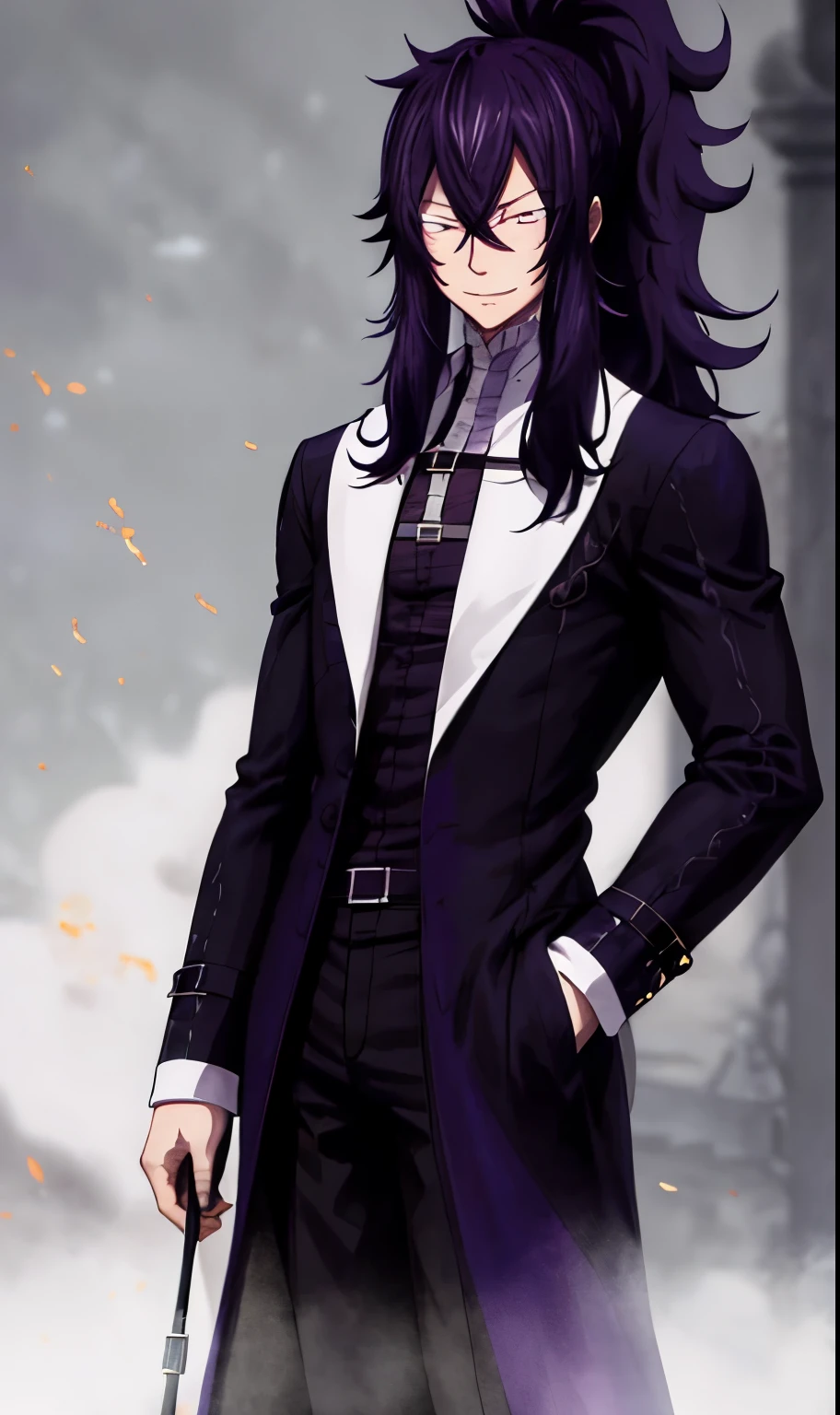 anime fairy tail, pelo morado largo , vestimenta antigua, hombre guapo, cuerpo en forma, dark purple hair,es largo y ondulado, reaching her shoulders even when most are tied in a very large ponytail,su flequillo desordenado casi oscurece sus ojos oscuros y rasgados,a long black jacket adorned with a light-colored flame pattern; The lapels are also a matching lighter color. The cuffs of his jacket are rolled up, revelando un interior de color claro, que contrasta con el exterior negro de su chaqueta, and they have a black line that runs through the edge of the fabric, calidad 4k.