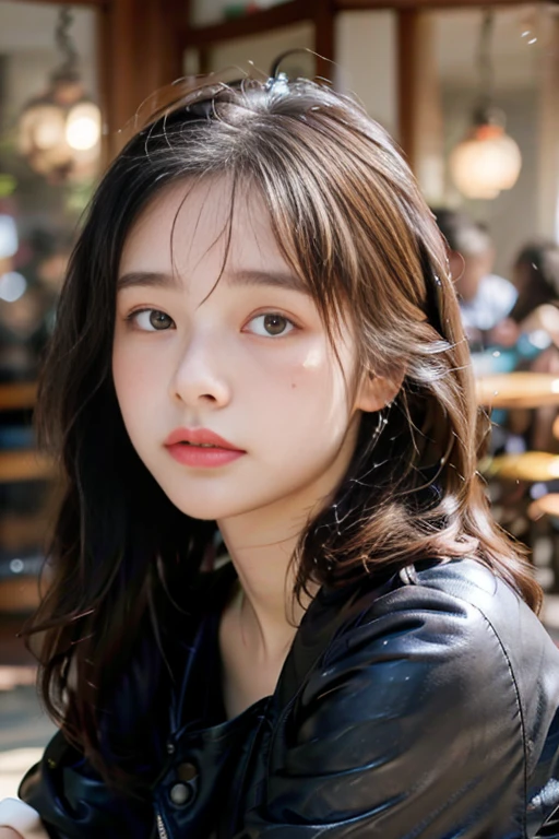 Best Quality, masutepiece, 超A high resolution, (Photorealistic:1.4), Raw photo, 1girl in, gros-plan, in coffee shop, Sitting down, bobhair, Leather jacket、Beautiful accessories、Lower your eyes、sad、See-through bang、bangss、Hair fluttering in the wind、Blur the background、Ball bokeh background