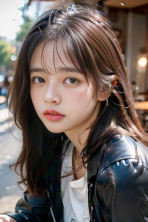 Best Quality, masutepiece, 超A high resolution, (Photorealistic:1.4), Raw photo, 1girl in, gros-plan, in coffee shop, Sitting down, bobhair, Leather jacket、Beautiful accessories、Lower your eyes、sad、See-through bang、bangss、Hair fluttering in the wind、Blur the background、Ball bokeh background