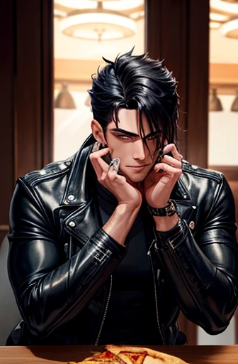 Nosso personagem tem 1,76 m tall and sitting in a busy restaurant, desfrutando de uma fatia de pizza. Her black hair is styled in a rebellious cut, with messy locks that fall over your forehead.

Ele possui um muscular and athletic body, displaying an imposing appearance. Vestindo uma jaqueta de couro preta fechada, he doesn&#39;t reveal his abs, but the jacket highlights his impressive physique.

His dark brown eyes shine with a mix of determination and defiance., refletindo sua atitude confiante. An intriguing tattoo adorns his neck, adding a touch of rebellion and mystery to your appearance.

Despite its somewhat intimidating appearance, ele mostra um sorriso ocasional enquanto saboreia a pizza, revealing a more relaxed and friendly side to your personality.

Dessa forma, nosso personagem combina elementos como cabelo preto rebelde, muscular and athletic body, olhos castanhos escuros penetrantes, an intriguing tattoo on his neck and a closed black leather jacket that highlights his physique. He enjoys pizza with a confident attitude and a touch of mystery.