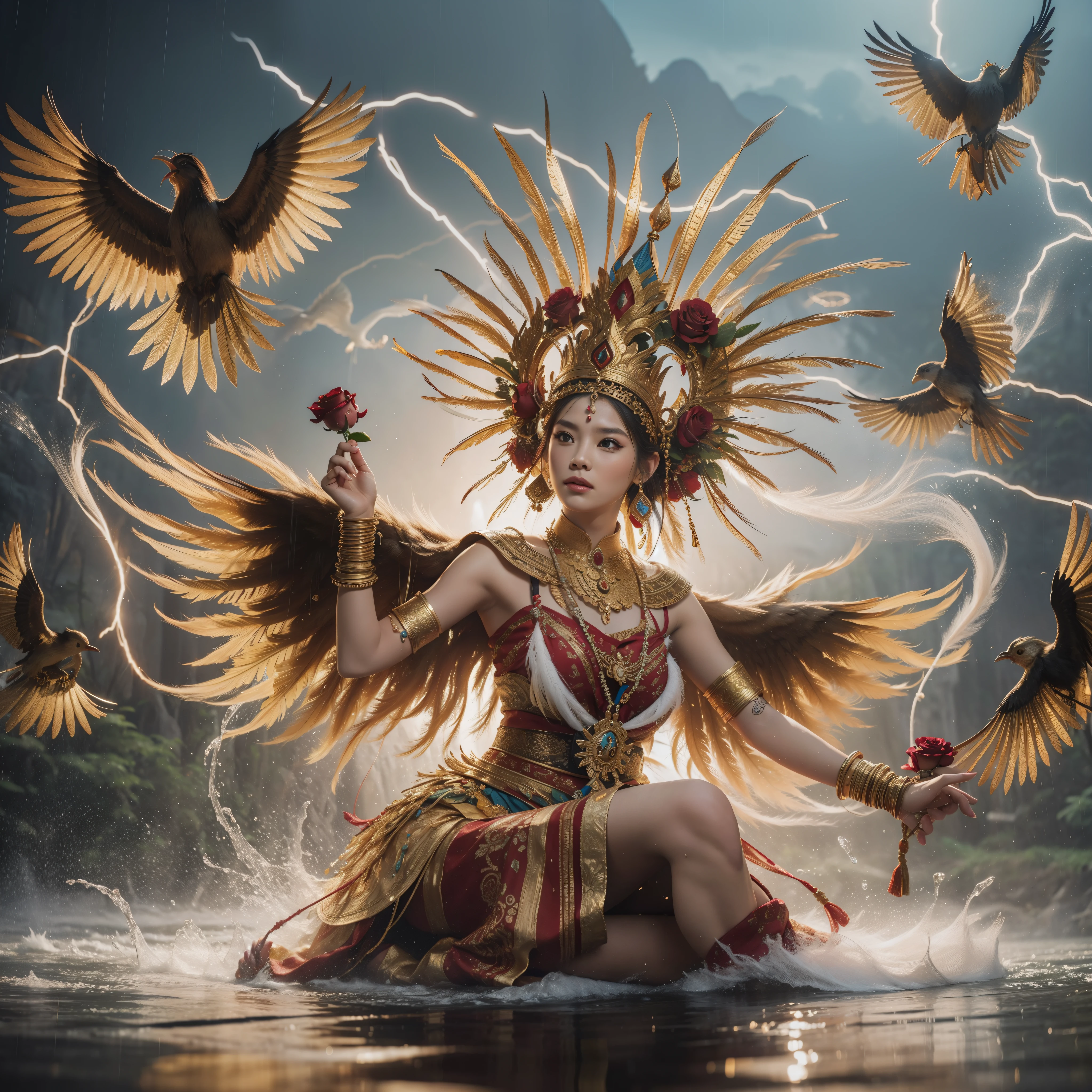 a beautiful woman dressed in traditional Dayak clothing decorated with feathers traditional Indonesian bird with a golden crown in the river from heaven, while sitting dancing, floating water elements and roses moving in the air rotating above its body, lightning effect, detailed facial structure, sharp 1.2, body detail, body pose facing the camera quality shot creation masterpiece, full body, super ultra detailed HD, photo realistic, 16k