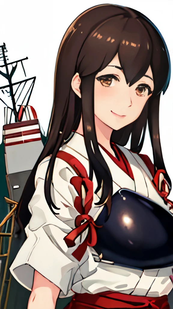 Best Quality, masutepiece, hight resolution, Solo, {akagi_Kantai Collection:1.15}, long_hair, brown_hair, brown_Eyes, muneate, tasuki, Smile, 1girl in , Japanese_Clothes, , partially_fingerless_gloves, arma, distortion, Single_hand armor, outstretched_Highly detailed arms、extremely detailed eye、extra detailed face、Insanely detailed body、Insanely detailed skin 妖艶な表情 backrooms big bust