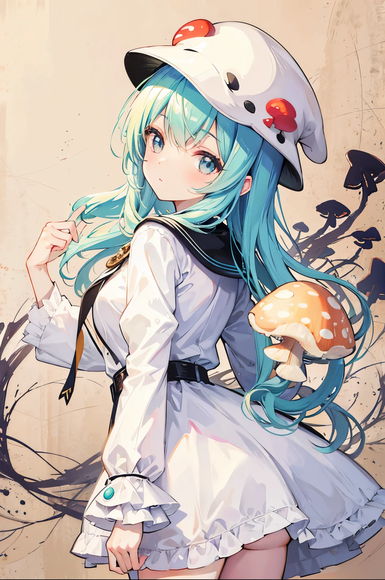 Charm mushroom，personification，Light soft color coat and hat，Sweet girl