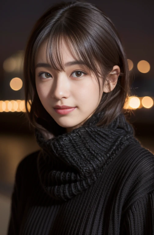 1 japanese idol,(Black sweater:1.4),(She wears a knitted snood around her neck to hide her chin.....:1.5), (Raw photo, Best Quality), (Realistic, Photorealsitic:1.4), Shorthair, masutepiece, extremely delicate and beautiful, Extremely detailed, 8k wallpaper, amazing, finely detail, extremely detailed CG Unity, hight resolution, Soft light, beautiful detail, age19, extremely detailed eye and face, beautiful detailed nose, Beautiful detailed eyes,Cinematic lighting,city light at night,Perfect Anatomy,Slender body,(A smile)、(hair messy, asymmetrical bangs, light brown hair,)