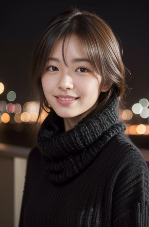 1 japanese idol,(Black sweater:1.4),(She wears a knitted snood around her neck to hide her chin.....:1.5), (Raw photo, Best Quality), (Realistic, Photorealsitic:1.4), Shorthair, masutepiece, extremely delicate and beautiful, Extremely detailed, 8k wallpaper, amazing, finely detail, extremely detailed CG Unity, hight resolution, Soft light, beautiful detail, age19, extremely detailed eye and face, beautiful detailed nose, Beautiful detailed eyes,Cinematic lighting,city light at night,Perfect Anatomy,Slender body,(A smile)、(hair messy, asymmetrical bangs, light brown hair,)