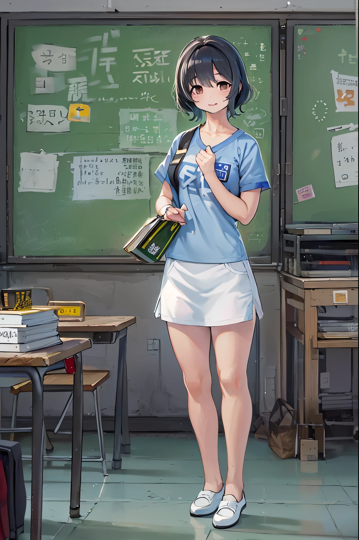 at noon, In the classroom, Two female proctors came into the classroom, Hold a top-secret file bag, Two female directors in white t-shirts and short black hair, This female supervisor looked at the camera, The lens mainly featured the upper body, In the Loff art style ((Xinhai City), popular in CGSTATION, Hsin-hai-chen-hsien H 2160, inspired by Bian Shoumin, Hsin-hai-chen-hsien, Kabashi, Gwitz style, high quality photograph, 4K, 8K, resolution,
