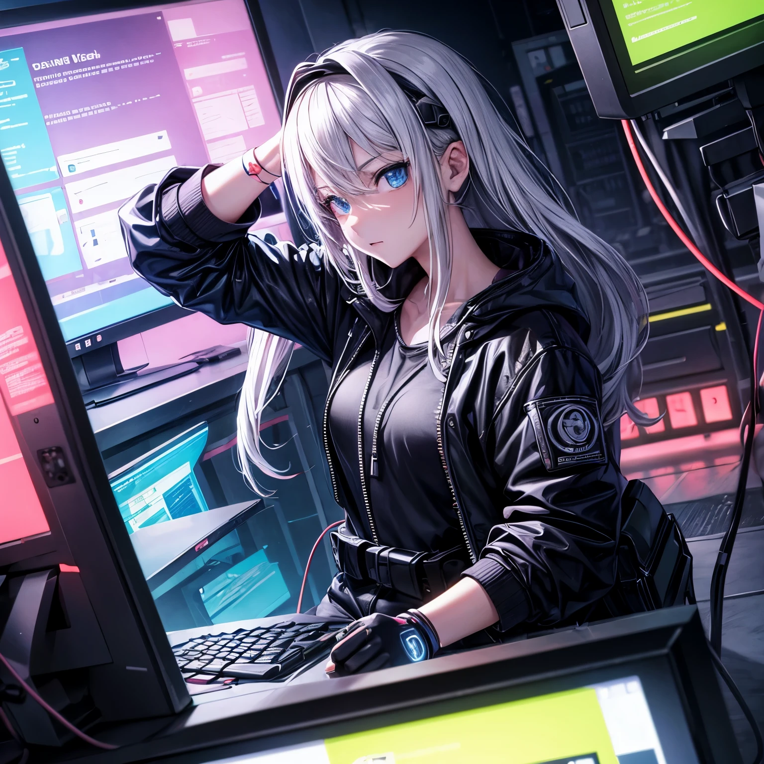 ((Best quality at best)), ((tmasterpiece)), (The is very detailed: 1.3), 3D, neon black, Uzumaki Naruto Cyberpunk, mtu, blond hairbl, eBlue eyes (Use a thick, high-tech head-mounted display: 1.2), using a cover, Hack into a computer terminal, Purple Neon Monitor Light, Green neon lights on the wall,