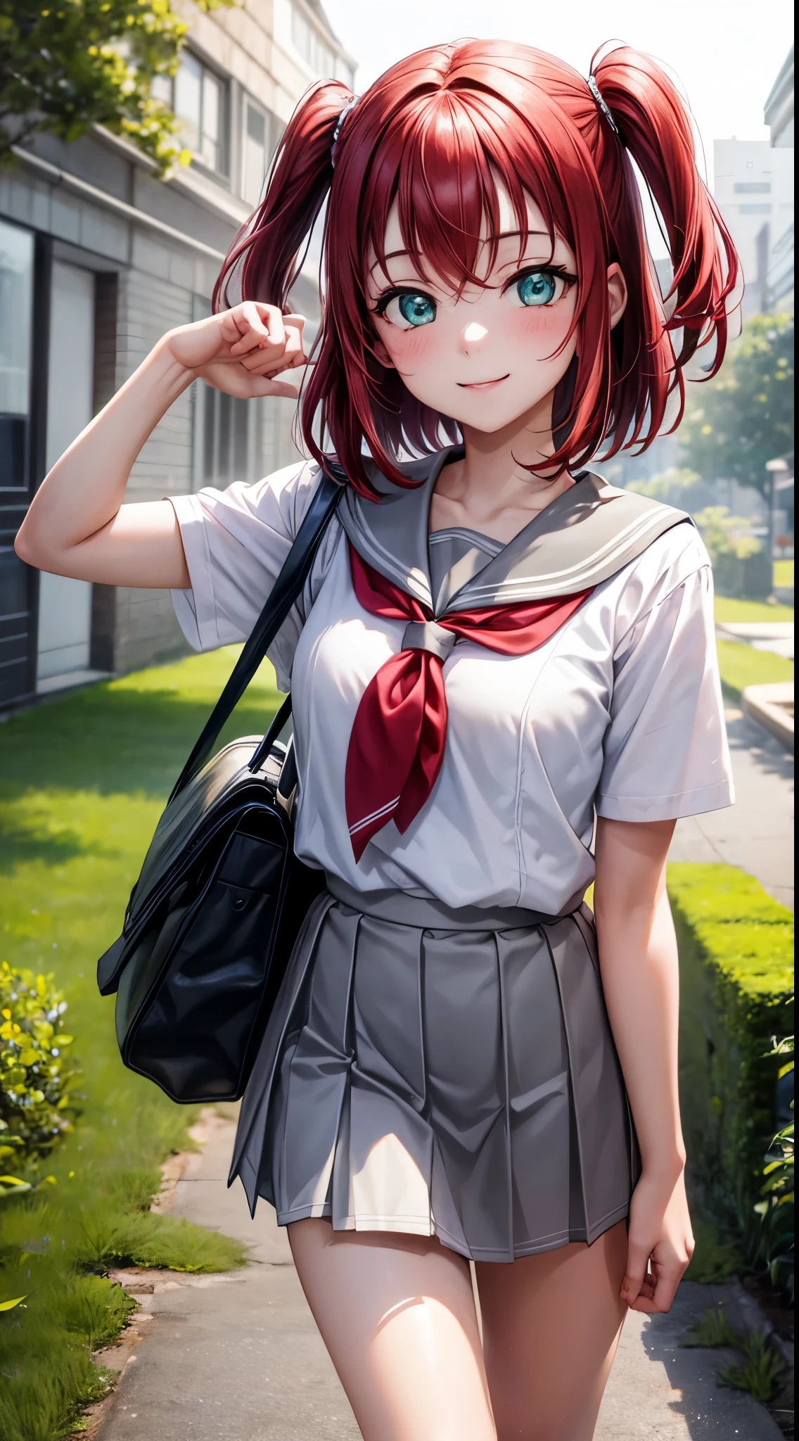 (masterpiece, best quality), illustration, detailed eyes, 1girl, solo, kurosawa ruby, flat chest, red hair, two side up, green eyes, smile, 
school uniform, white shirt, pleated skirt, serafuku, grey skirt, red neckerchief, tie clip, uranohoshi ، wear dress,  grey sailor collar, bag, 
outdoors,