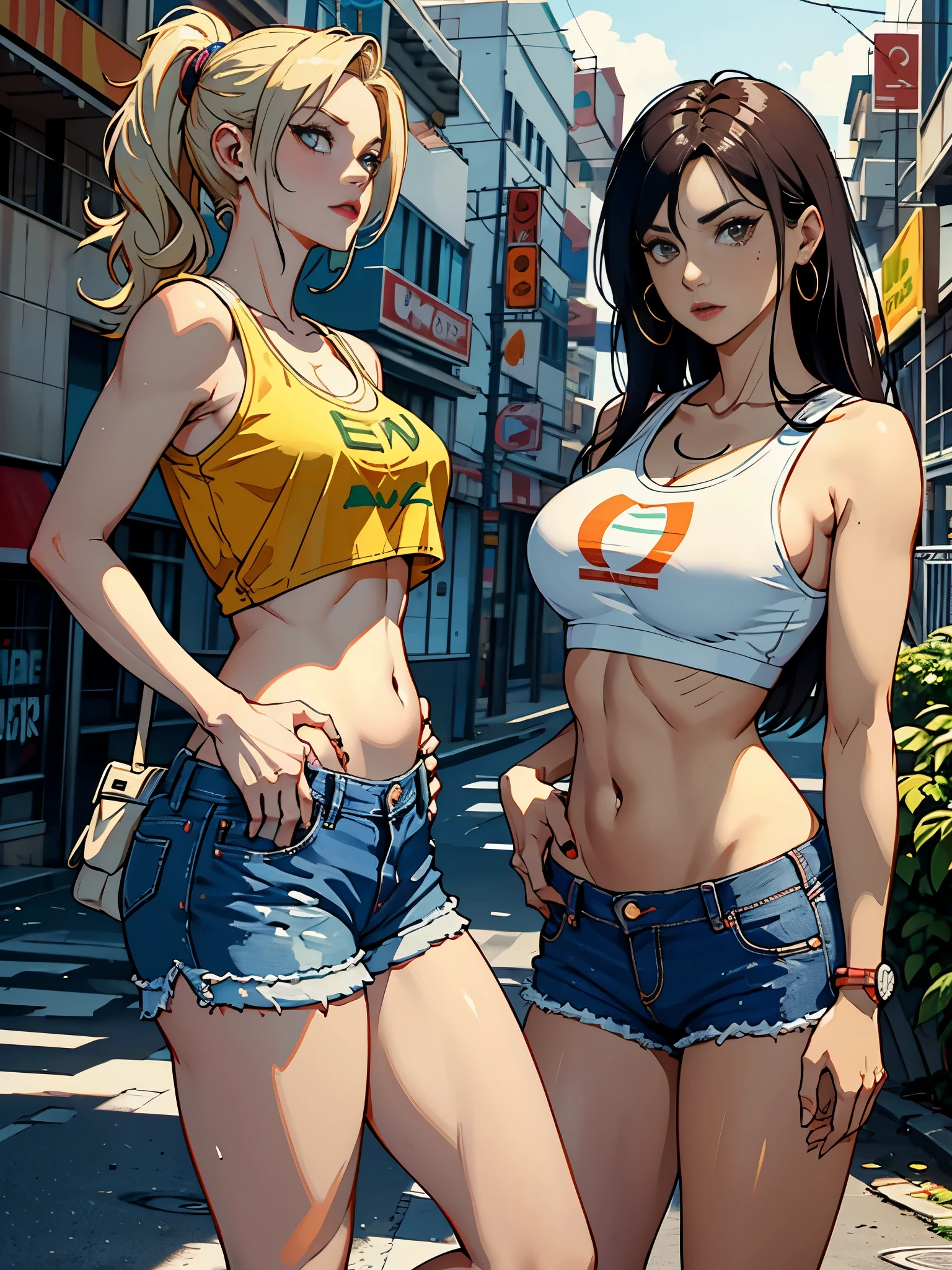 Chitara, extremely , Pair with trendy Lacoste clothes, oakley juliet, Brazil人, In the city of Rio de Janeiro, Brazil, Dancing funk, scroll, The large, thick leg, Wear extremely short denim shorts, show a piece, Ultra shorts, wearing a mini shirt, There is leakage in the belly button, Nike sneakers, long whitr hair, JBL speakers in the background, slums in the background, Periphery in the background, full bodyesbian, extremely realista, Extremely realistic, extremely性感, 8K, 8K extremamente detalhado), (Extremely Delicately Beautiful), (tmasterpiece), (Better quality: 1.0), (Ultra-high sharpness:1.0)