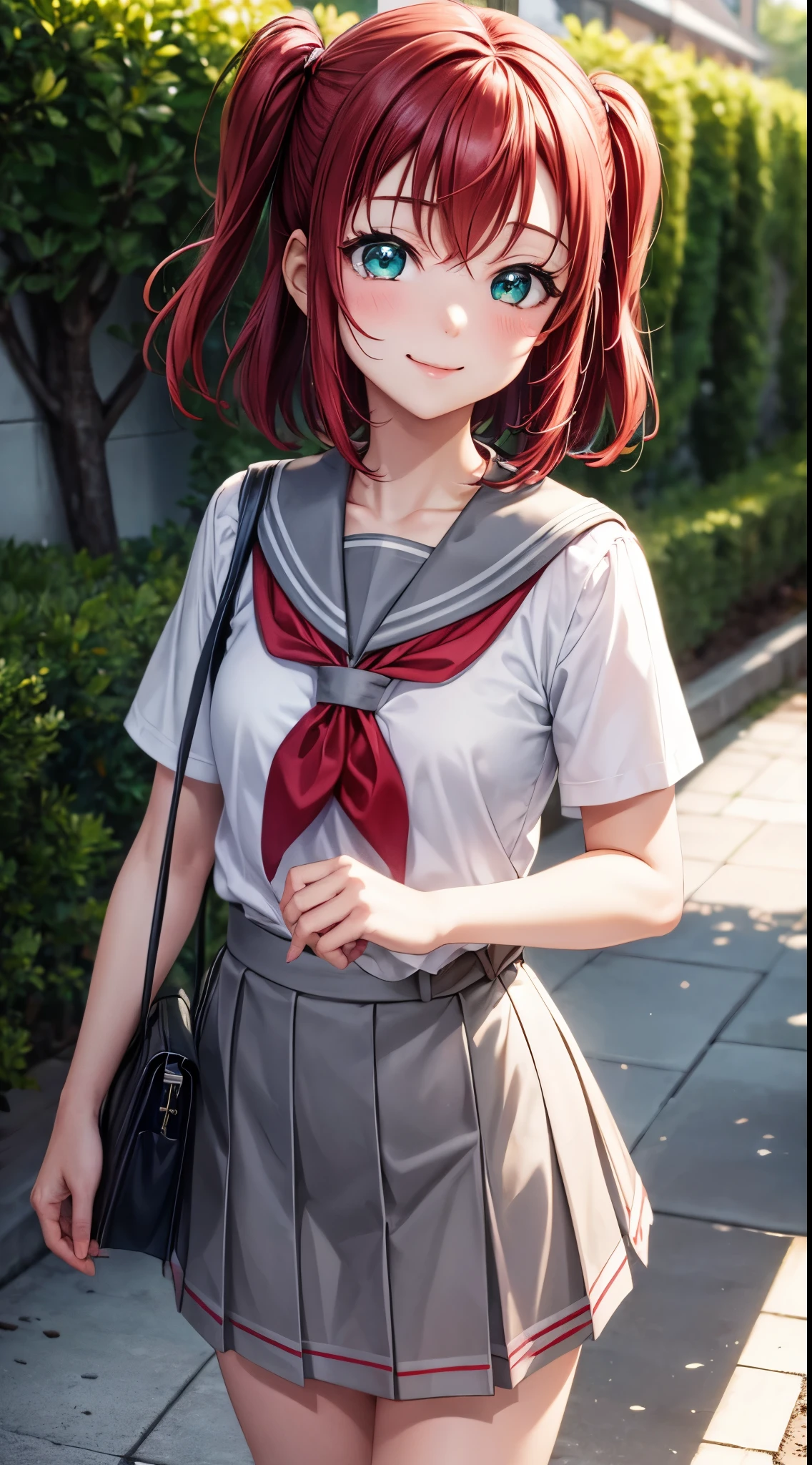 (masterpiece, best quality), illustration, detailed eyes, 1girl, solo, kurosawa ruby, flat chest, red hair, two side up, green eyes, smile, 
school uniform, white shirt, pleated skirt, serafuku, grey skirt, red neckerchief, tie clip, uranohoshi ، wear dress,  grey sailor collar, bag, 
outdoors,