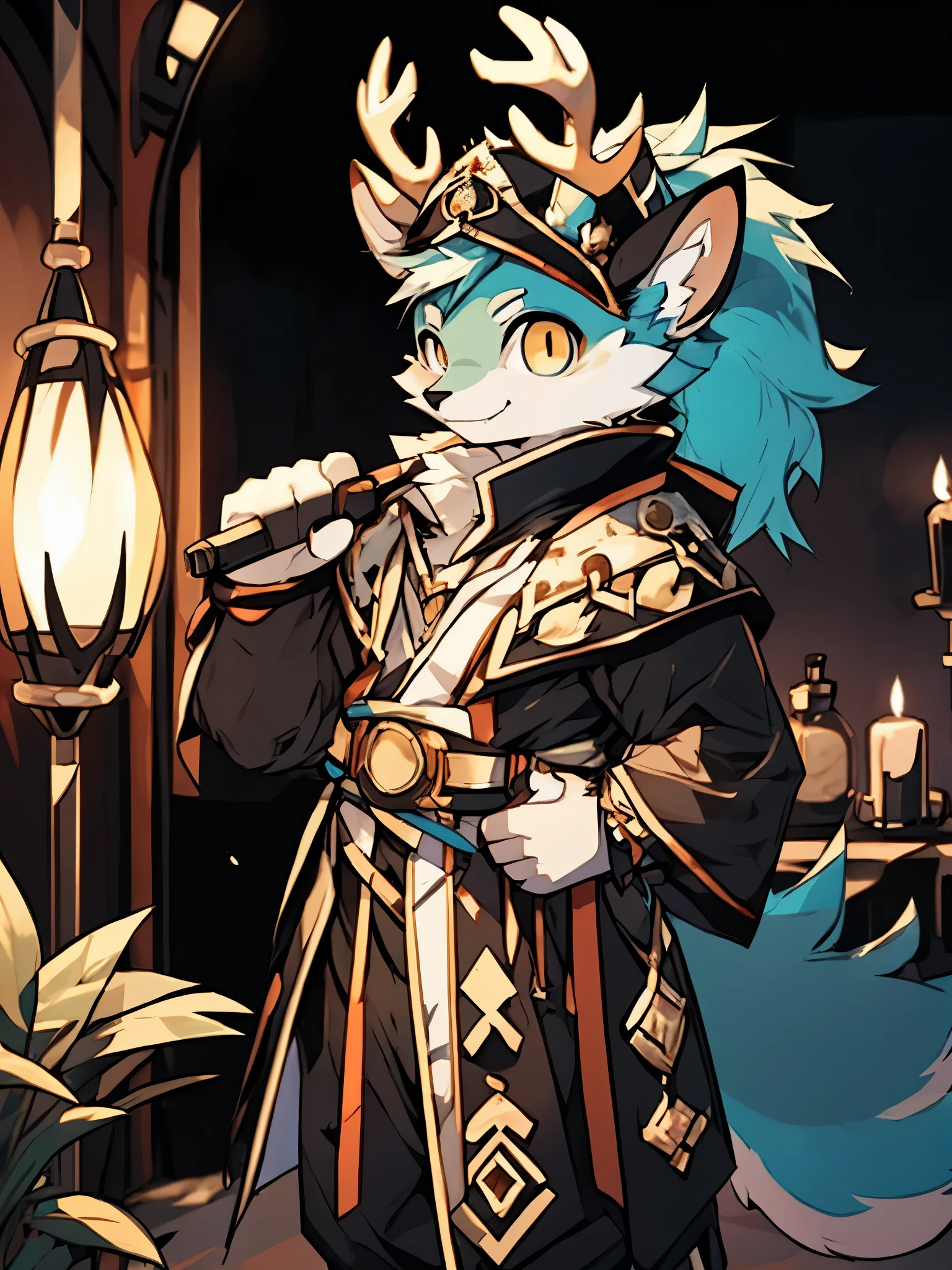 (tmasterpiece), (Fine lines), deer antlers, hairy pubic, cyanhair, gold eyes, high ponytails, Mage outfit, looks into camera, ssmile, Semi-sideways, Full body like