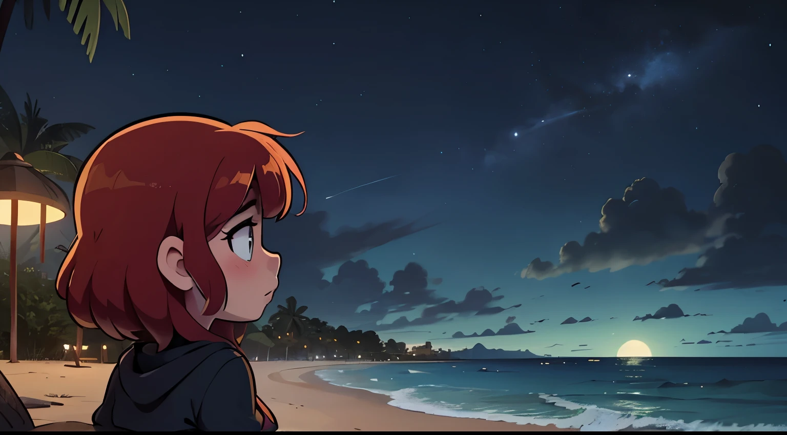 (master part, best quality: 1.2), ultra detalhado, Cinematic lighting, HDR, illustration, Landsape, 1girl, (cores suaves), Post-apocalyptic beach, a noite, atmosfera desoladora, menina sentada na areia, covered vegetation, (Overcast sky), ondas caindo na costa, (wistful, but hopeful), Momento tranquilo de descanso, (texturas detalhadas), Cabelo varrido pelo vento, Cloudy at night