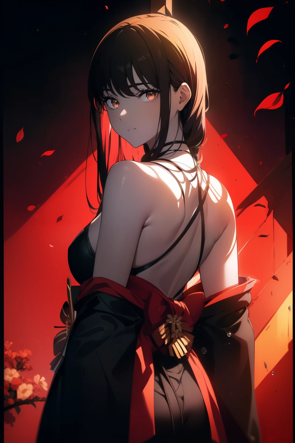 ((((Obra maestra, La mejor calidad, ultrahigh resolution)))), 1girl, standing, ((wearing a red_kimono)), (long black hair in view, long hair:0.9, in frame), pale skin, ((brown eyes)), (glowing_eyes, luminescent eyes), (ultra detailed eyes:0.7, beautiful and detailed face, detailed eyes:0.9), ((centered)), smile, ((wide shot)), facing viewer, (((vibrant background of outside, flowers, bright lighting, summer, sunlight))), flat chested, looking at viewer, ((perfect hands)), ((head:1, hips, elbows, arms, in view)), ((hands behind back)), beautiful lighting, defined subject, (18 years old), ((cool looking)), ((sun glare))