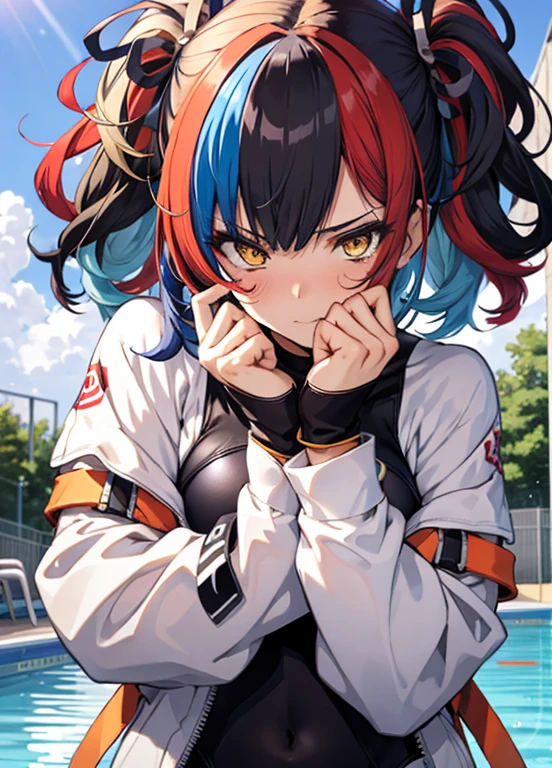 NSFW,Seishonagon, 1girl in, Solo, Yellow eyes, Twin-tailed, Solo, Blue hair, multicoloRed hair, Black hair, Red hair, Black socks, knee sox,manicure BREAK,((Upper body)),in poolside,(Competitive swimsuit)  ,embarrassed from,Standing,cameltoe,from below,from behind,leaning forward,upside-down face