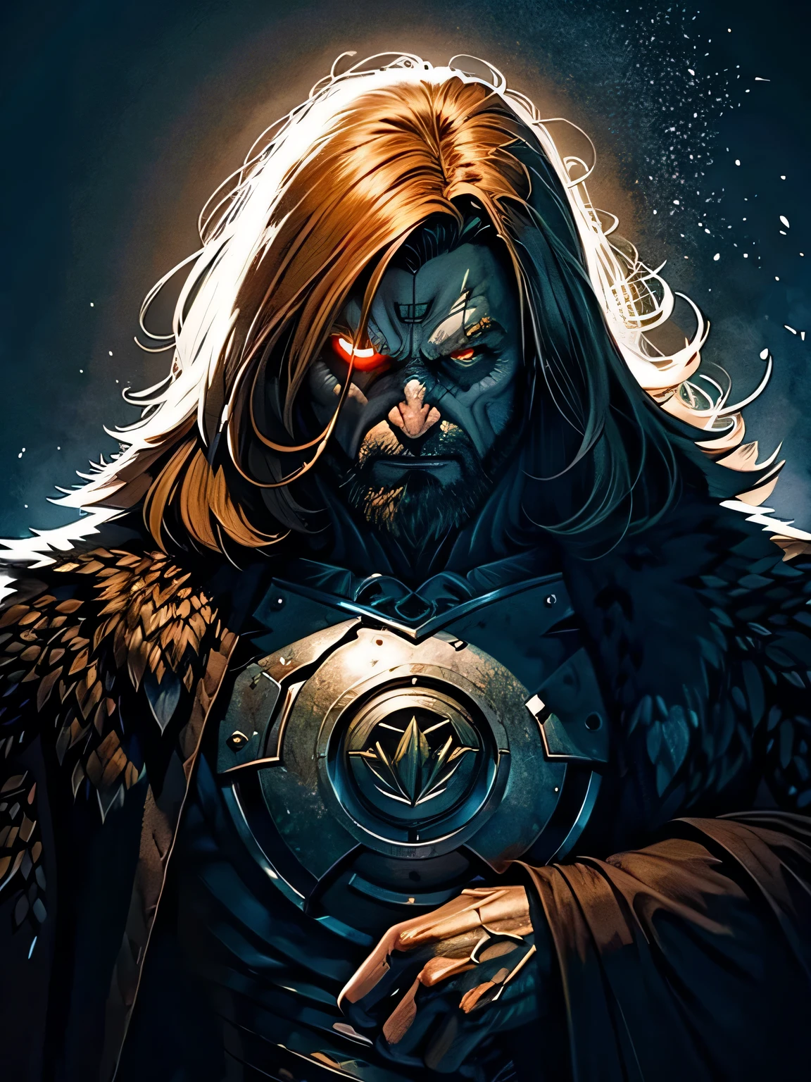 (((Illustration of one person and one wolf:1.3))), Sit on your knees, (((cry with a howl:1.2))), strict and fearless warrior, ornament armor, Cinematic Angle, While calling for rain, sharp looking eyes, Brown eyes, dark orange long hair, (((Shaggy hair:1.2))) wonderful wolf fur, sad night atmosphere, intricate oil paint illustration, dark fantasy landscape background, (smooth, beautiful and glowing skin:1.1), High quality, Stunning 16K detailed rendering, fantasy00d,