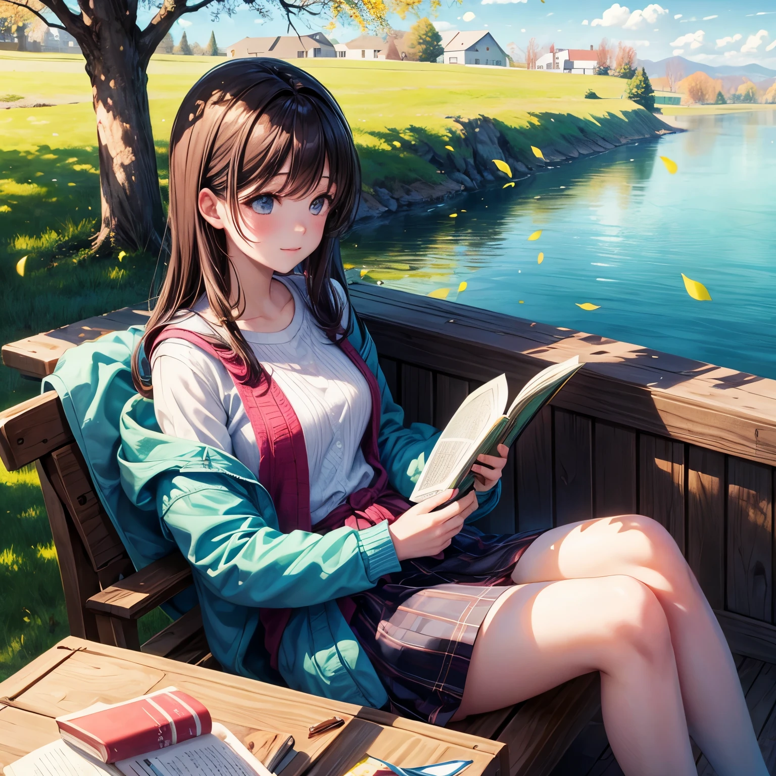 Girl reading by the lake, vivd colour, springtime, Willow branches, cozily, warm sunlight