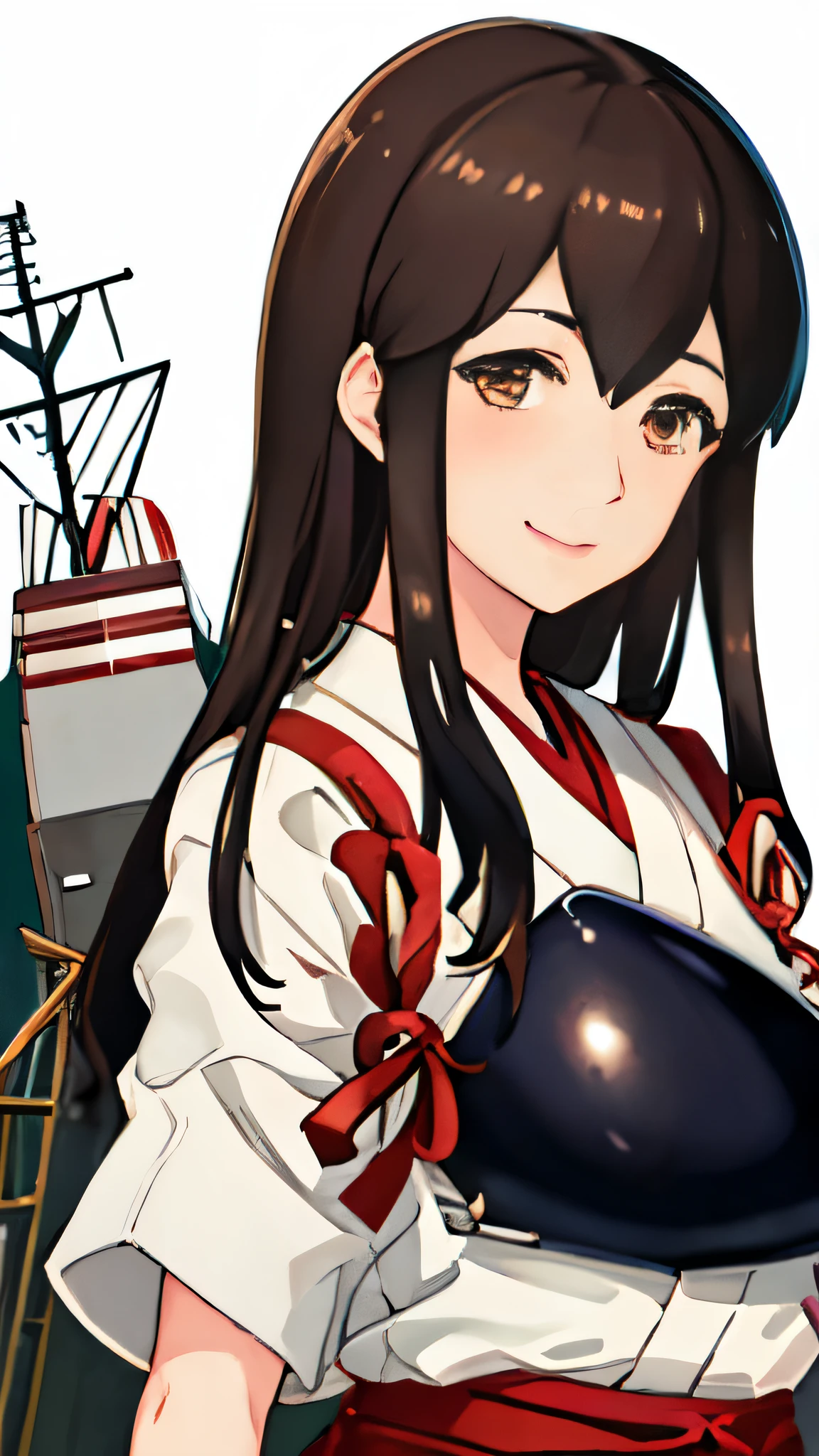 Best Quality, masutepiece, hight resolution, Solo, {akagi_Kantai Collection:1.15}, long_hair, brown_hair, brown_Eyes, muneate, tasuki, Smile, 1girl in , Japanese_Clothes, , partially_fingerless_gloves, arma, distortion, Single_hand armor, outstretched_Highly detailed arms、extremely detailed eye、extra detailed face、Insanely detailed body、Insanely detailed skin, bewitching expression, and big bust in the back room