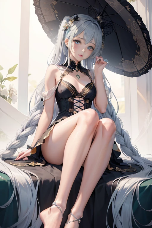 hatsuneMiku、(ultra Realistic), (An illustration), (Highres), (8K), (highlydetailed), (the best illustration), (Beautiful Detailed Eyes), (beste Quality), (Super Detailed), (Master peace、), (Wallpapers), (Detailed Face), solo、、、, 1人の女の子, Aristocratic dresses、White hair, Iris heterochromatic eyes, small moles under eye, medium chest, Long legs、Stunning composition、Foot braids、Beautiful and detailed legs