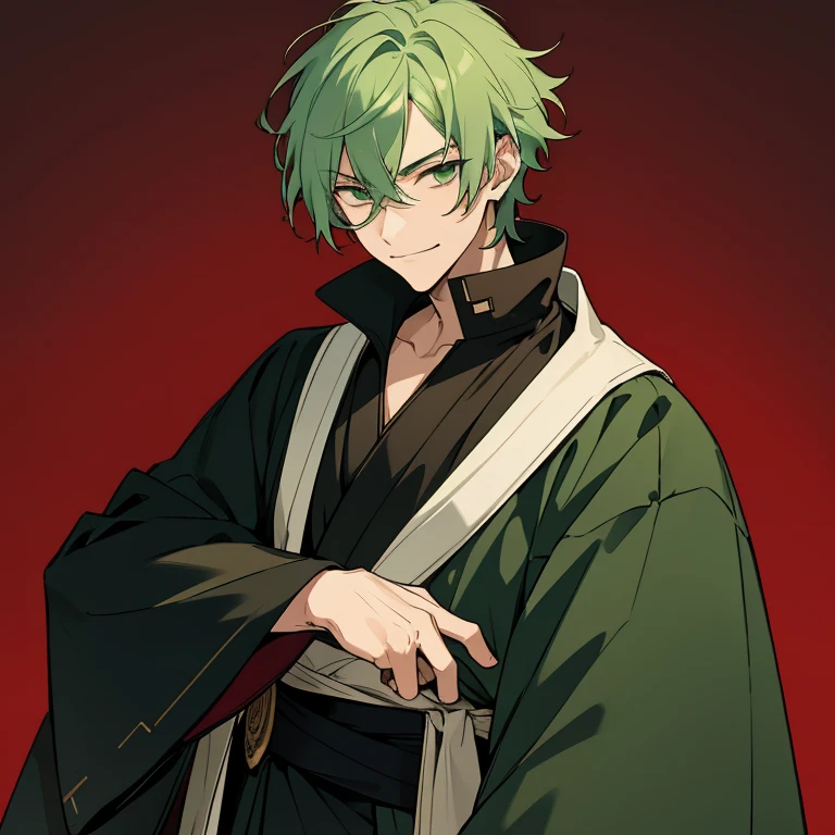 1 boy, light green hair, dark eyes, black noble cloth, calm face, handsome male guy, masculine, old boy, grown man, 28 years old, bored face, man, big male, villain, psychopath smile, long and short hair, missy hair