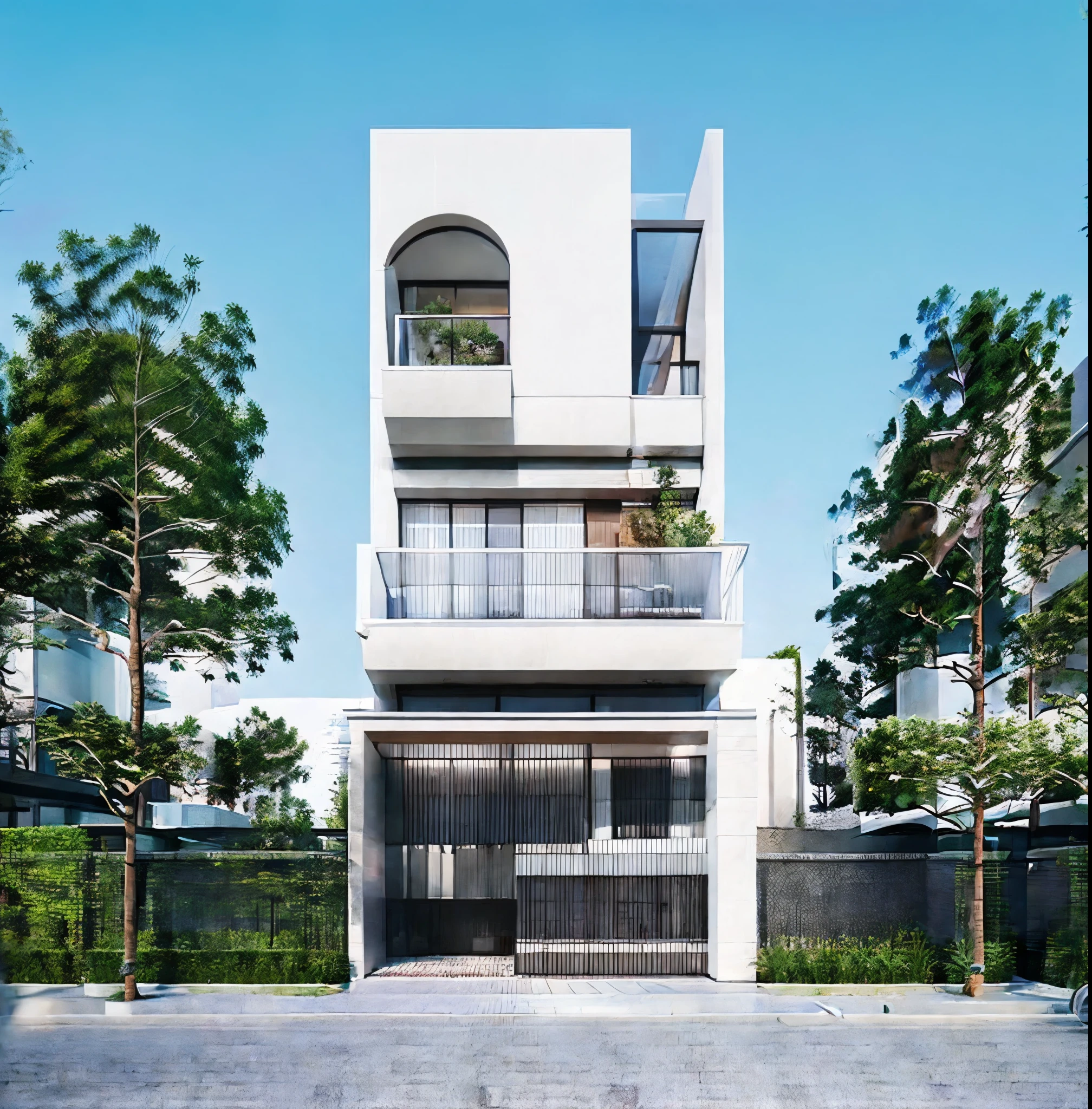 RAW photo,Masterpiece, high quality, best quality, authentic, super detail, exterior, house style modern on the garden with white wall, glass windows, glass doors, stains, balcony, railing glass, rounded shapes, curved shapes, Inax stone wall cladding, Winter weather, snow falling, snow covering trees and houses, clean line,modemism,Realistic reflexes,realistic light, beautiful summer sky, trees, grass (day:1.1), vivid colour, vray