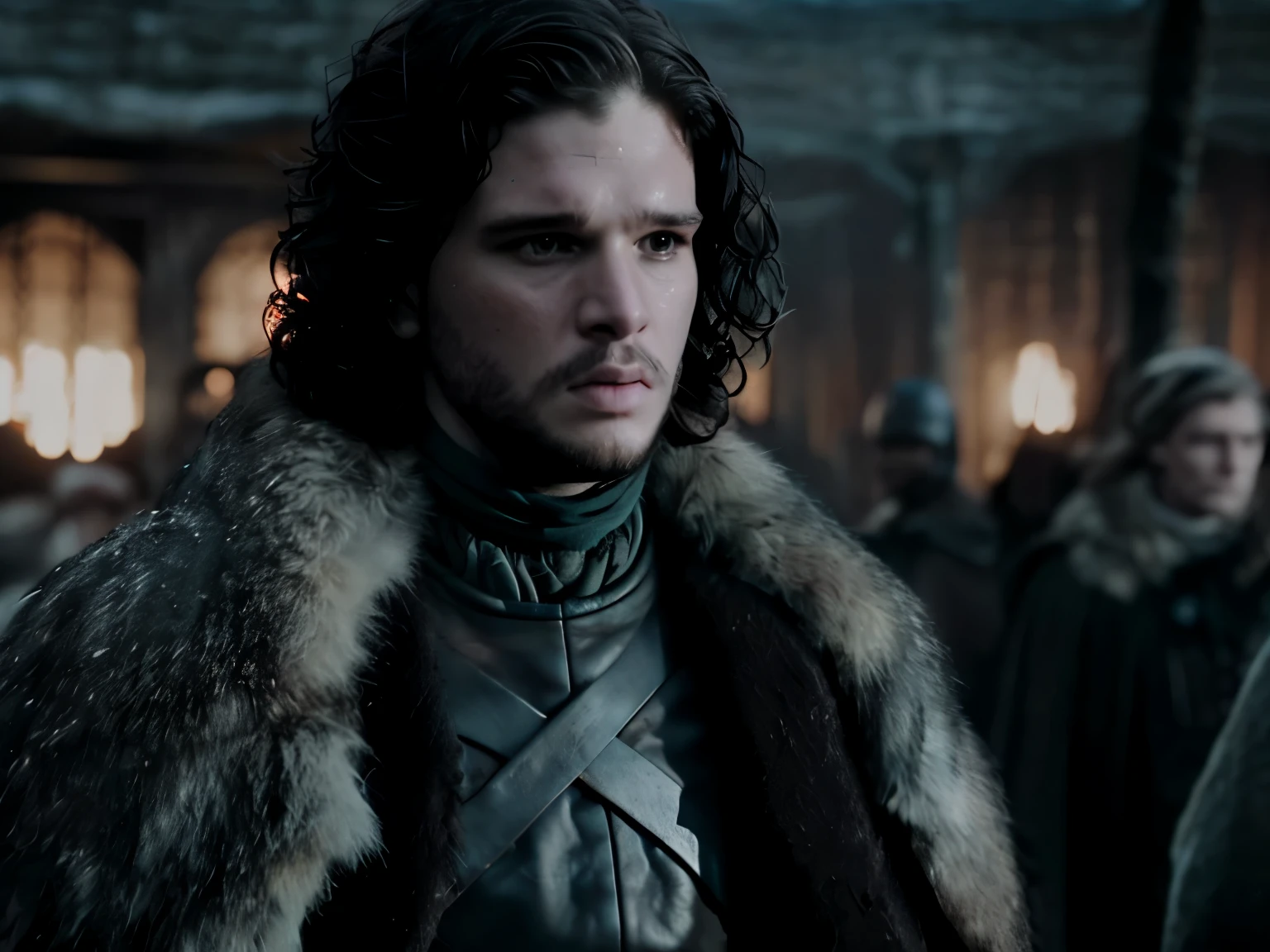 (best quality,8k ultra-detailed,cinematic shot,masterpiece:1.3,sharp focus:1.5,photorealistic:1.3), Jon Snow look-alike warrior wearing cloak, look away