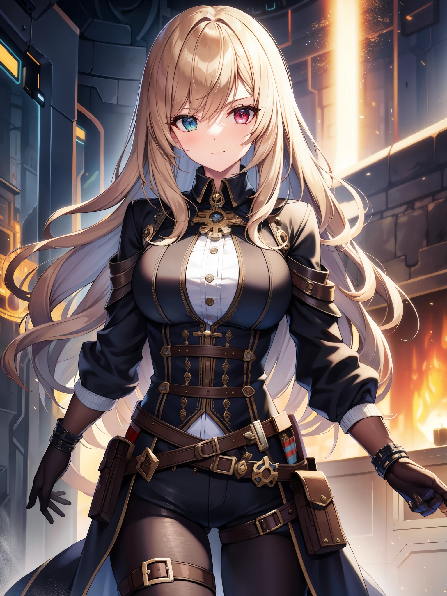 (absurdres, highres, ultra detailed), 1woman, mature female, aged up, wavy long hair, split-color hair, heterochromia, bangs, long sleeves, finely detailed eyes and detailed face, extremely detailed CG unity 8k wallpaper, intricate details, (style-rustmagic:0.8), (medieval cyborg:0.8), portrait, (bloody wounds:0.7), looking at viewer, solo, half shot, detailed background, (steampunk theme:1.1) determined expression, dark couds technomancer, floating lights, color leather vest with gears, techwear, jetpack, workshop in background, machines, gears, steam, industry, technology, furnace, grime, anvil, buttons, levers, automaton, electricity, electric sparks epic atmosphere,, portrait