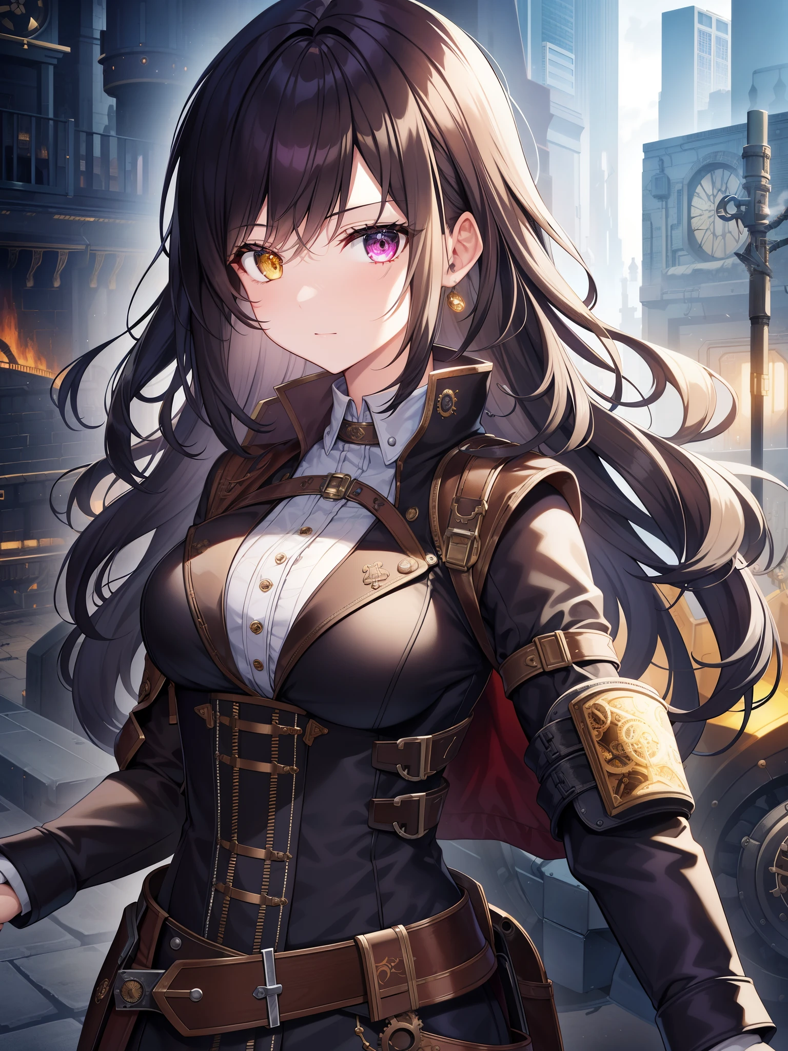 (absurdres, highres, ultra detailed), 1woman, mature female, aged up, wavy long hair, split-color hair, heterochromia, bangs, long sleeves, finely detailed eyes and detailed face, extremely detailed CG unity 8k wallpaper, intricate details, (style-rustmagic:0.8), (medieval cyborg:0.8), portrait, (bloody wounds:0.7), looking at viewer, solo, half shot, detailed background, (steampunk theme:1.1) determined expression, dark couds technomancer, floating lights, color leather vest with gears, techwear, jetpack, workshop in background, machines, gears, steam, industry, technology, furnace, grime, anvil, buttons, levers, automaton, electricity, electric sparks epic atmosphere,, portrait