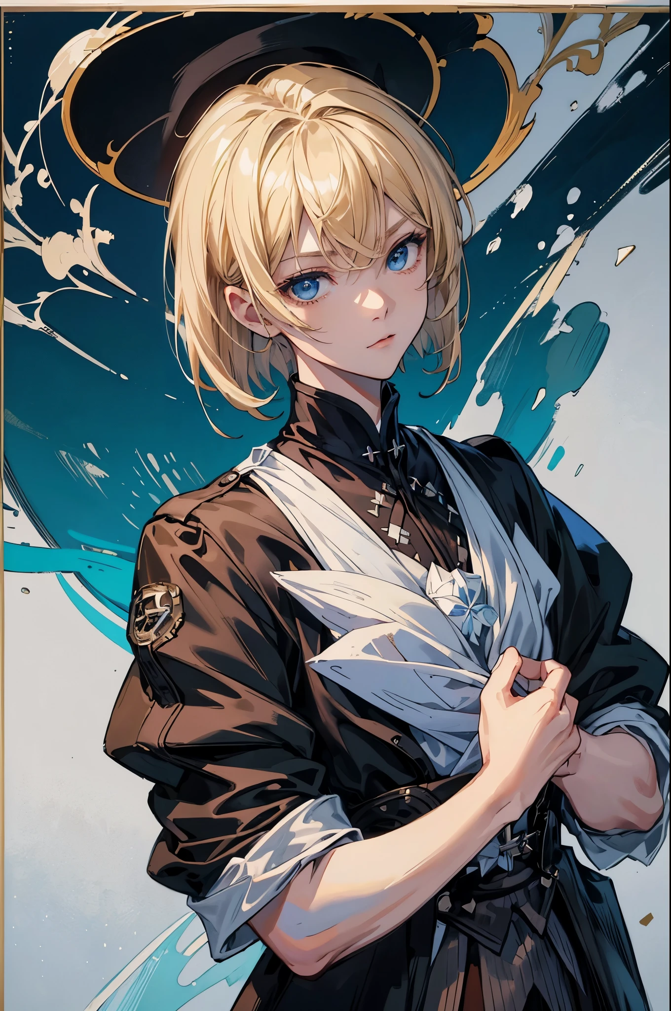 (great determination, ultra - detailed, HighDynamicRange), girl,Short blonde Bob hair,eBlue eyes。dressed in a black jacket,The attention to detail,Vertical painting,(with a pure white background),Vertical painting,