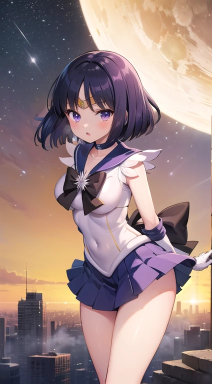 (masterpiece:1.2, best quality:1.2), ((shiratama)), R15, highres, (extremely detailed), (intricate), (beautiful dentaled glow:1.2), sunset, gradient sky, space, cinematic lighting, (pixiv), 1girl, (8k, HD, portrait, cowboy shot, anime, 4k, novel illumination), soft outline, (perfect quality:1.2), bangs
BREAK (tomoe hotaru, sailor saturn), purple eyes, purple hair, short hair,
BREAK back bow, purple bow, purple choker, purple sailor collar, purple skirt, bow, choker, earring, tiara, white gloves, jewelry, magical girl, large breast, collarbone, (white leotard), miniskirt, sailor collar, sailor senshi uniform, boots, (sleeveless), (see-through), (skindentation:1.2), (steaming body:1.2), (bare shoulders, bare hip, thighs, covered navel)
BREAK (perfect anomary, perfect hand), (perfect cute face:1.4), (perfect clothes, perfect body), long feet, night, (sky:1.2), heavy breathing, (:o, (in front), energy, battle, NFSW)
