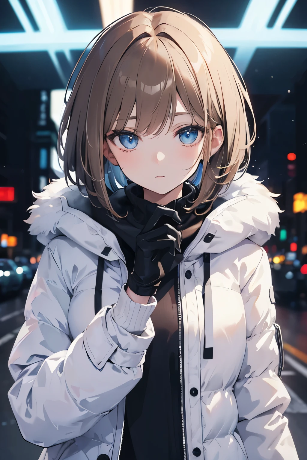 ((masterpiece)), One girl, solo, (pale brown hair), blue eyes, (messy bob hair), (Fancy makeup), White breath, muffler, coat, gloves, looks cold, neon lights in town, (winter)