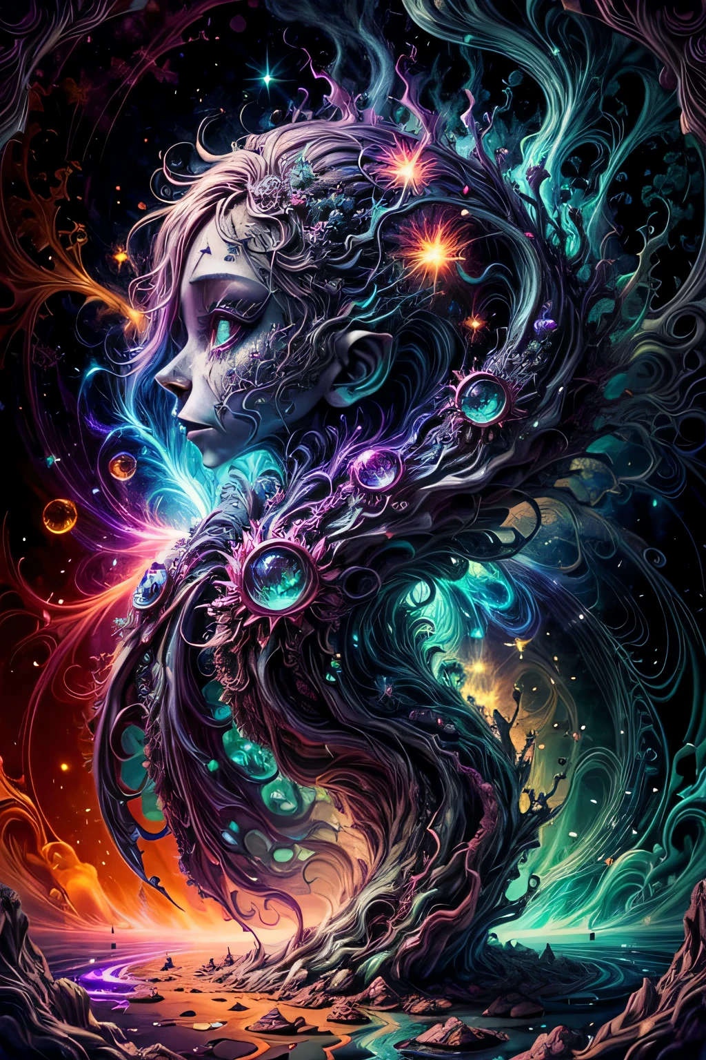 fantasy00d, dark fantasy style, bioluminescent phoenix, Focus from the side, Kaleidoscope eye effect, mysterious water, On a frozen moving lake, bioluminescent pixel glow, Emits neon light splash energy, Feel the universe, Strong graffiti background alcohol ink, colorful particles light, very high res, (((Radiosity rendered in stunning 32K resolution:1.3))), Beauty details, beauty texture, All captured with sharp focus, Highest Quality, hightquality,