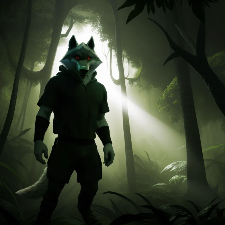 (best quality,8k,ultra-detailed,masterpiece:1.2),realistic,high-res,death,lonely Wolf in an Amazon rainforest,black hoodie,red-eyed:1.1,standing,ominous atmosphere,immersed in darkness,quiet,thick vegetation,dense foliage,sunlight filtering through trees,ray of light illuminating the Wolf,sharp focus,shadowy silhouette,haunting expression,gaze fixed on the viewer,intense connection,imposing presence,dangerous and mysterious,Amazonian ambience,dark green color palette,subtle highlights and shadows,backlit scene,contrast between light and dark,atmospheric lighting.