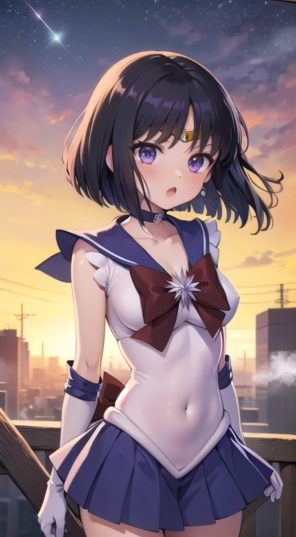 (masterpiece:1.2, best quality:1.2), ((shiratama)), R15, highres, (extremely detailed), (intricate), (beautiful dentaled glow:1.2), sunset, gradient sky, space, cinematic lighting, (pixiv), 1girl, (8k, HD, portrait, cowboy shot, anime, 4k, novel illumination), soft outline, (perfect quality:1.2), bangs
BREAK (tomoe hotaru, sailor saturn), purple eyes, purple hair, short hair, 
BREAK back bow, purple bow, purple choker, purple sailor collar, purple skirt, bow, choker, earring, tiara, white gloves, jewelry, magical girl, large breast, collarbone, (white leotard), miniskirt, sailor collar, sailor senshi uniform, boots, (sleeveless), (see-through), (skindentation:1.2), (steaming body:1.2), (bare shoulders, bare hip, thighs, covered navel)
BREAK (perfect anomary, perfect hand), (perfect cute face:1.4), (perfect clothes, perfect body), night, (sky:1.2), heavy breathing, (:o, (in front), outdoor, energy, battle, NFSW)