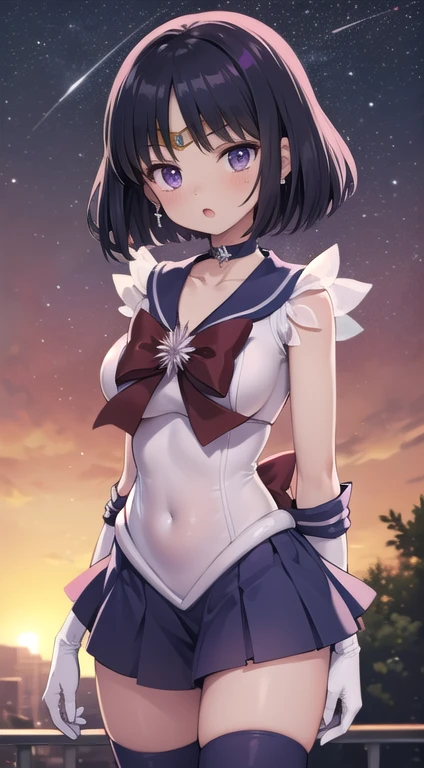 (masterpiece:1.2, best quality:1.2), ((shiratama)), R15, highres, (extremely detailed), (intricate), (beautiful dentaled glow:1.2), sunset, gradient sky, space, cinematic lighting, (pixiv), 1girl, (8k, HD, portrait, cowboy shot, anime, 4k, novel illumination), soft outline, (perfect quality:1.2), bangs
BREAK (tomoe hotaru, sailor saturn), purple eyes, purple hair, short hair,
BREAK back bow, purple bow, purple choker, purple sailor collar, purple skirt, bow, choker, earring, tiara, white gloves, jewelry, magical girl, large breast, collarbone, (white leotard), miniskirt, sailor collar, sailor senshi uniform, boots, (sleeveless), (see-through), (skindentation:1.2), (steaming body:1.2), (bare shoulders, bare hip, thighs, covered navel)
BREAK (perfect anomary, perfect hand), (perfect cute face:1.4), (perfect clothes, perfect body), night, (sky:1.2), heavy breathing, (:o, (in front), outdoor, energy, battle, NFSW)