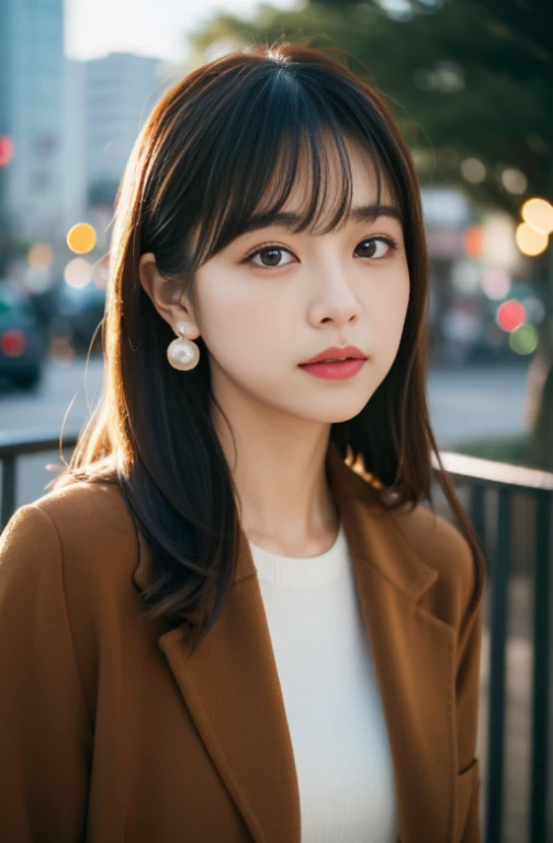 1 girl in, full bodyesbian、Christmas tree, brown_hitomiは, c illumination、Cross_earrings, Pearl earrings, pearl accessories、pearl jewelry, s lips, up looking_で_viewer, plein air, 独奏, Winters, Winters_Clothes, hitomi,Put your ears out、top-quality、The ultra -The high-definition、bangss、シースルーbangss、Start walking、kirakira、A delightful、Blur the background、Tokyo Tower、