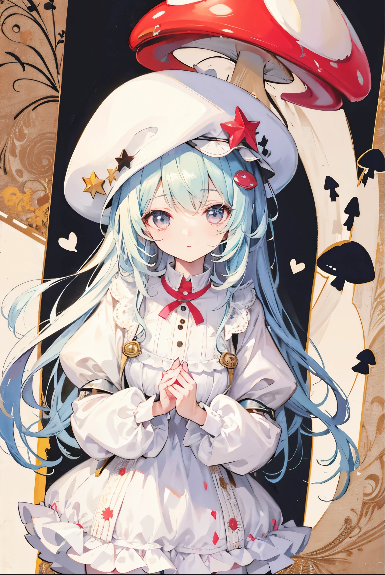 Charm mushroom，personification，Light soft color coat and hat，Sweet girl