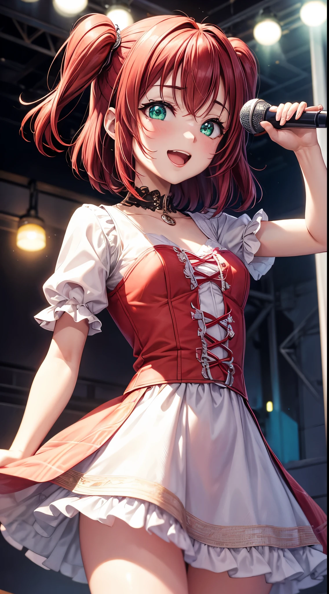 (masterpiece, best quality), illustration, detailed eyes, 1girl, solo, kurosawa ruby, flat chest, red hair, two side up, green eyes, smile, 
Dress sing, use microphone, stage,