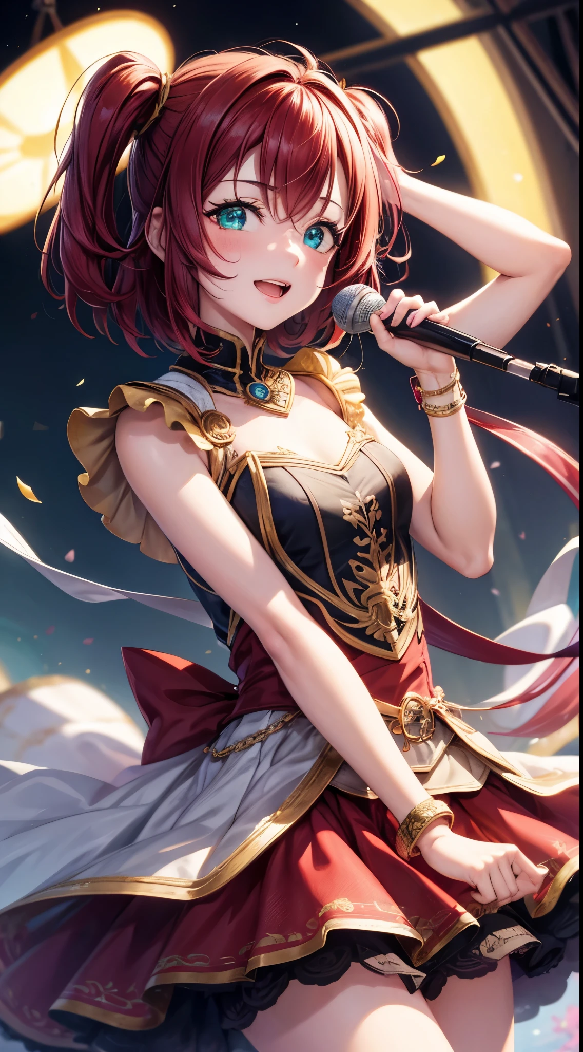 (masterpiece, best quality), illustration, detailed eyes, 1girl, solo, kurosawa ruby, flat chest, red hair, two side up, green eyes, smile, 
Dress sing, use microphone, stage,