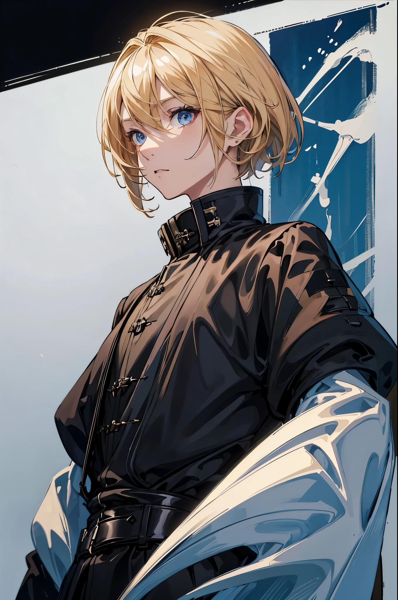 (great determination, ultra - detailed, HighDynamicRange), girl，Short blonde Bob hair，eBlue eyes。dressed in a black jacket，The attention to detail，Vertical painting，（with a pure white background），Vertical painting，