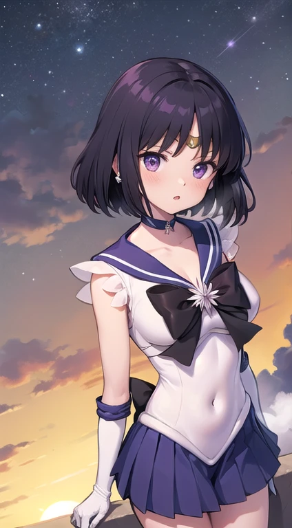 (masterpiece:1.2, best quality:1.2), ((shiratama)), R15, highres, (extremely detailed), (intricate), (beautiful dentaled glow:1.2), sunset, gradient sky, space, cinematic lighting, (pixiv), 1girl, (8k, HD, portrait, cowboy shot, anime, 4k, novel illumination), soft outline, (perfect quality:1.2), bangs
BREAK (tomoe hotaru, sailor saturn), purple eyes, purple hair, short hair,
BREAK back bow, purple bow, purple choker, purple sailor collar, purple skirt, bow, choker, earring, tiara, white gloves, jewelry, magical girl, large breast, collarbone, (white leotard), miniskirt, sailor collar, sailor senshi uniform, boots, (sleeveless), (see-through), (skindentation:1.2), (steaming body:1.2), (bare shoulders, bare hip, thighs, covered navel, knee boots)
BREAK (perfect anomary, perfect hand), (perfect cute face:1.4), (perfect clothes, perfect body), night, (sky:1.2), heavy breathing, (:o, (in front), outdoor, energy, battle, NFSW)