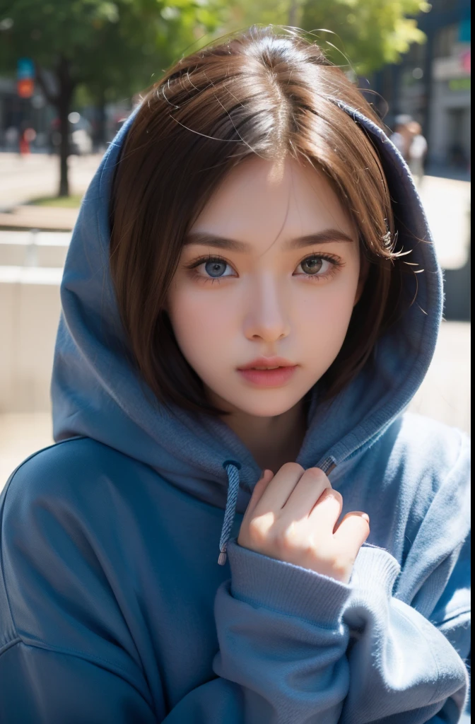 1girl, Pretty woman, chinese , blue eyes , big eyes , photography, raw photos , oversized hoodie:1.2,  Detailed eyes, slightly thick eyebrows, sharp big nose, brown hair , short hair , bitting her lips ,