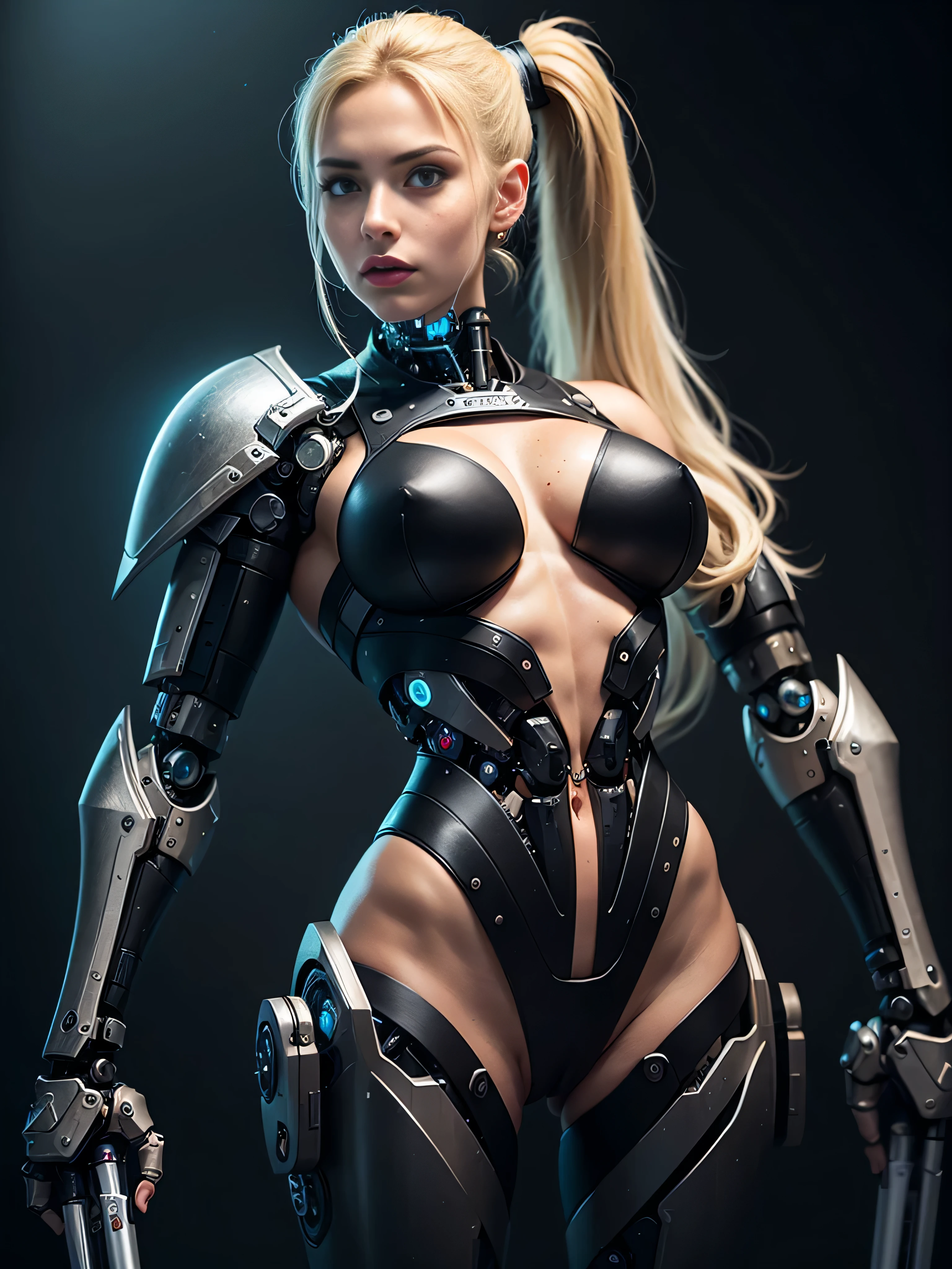 ((best quality: 1.5)) ((masterpiece: 0.8)), intricate details, sharp focus, professional, photorealistic, real life, realistic representation of the face, ((((solo, 1girl) female bodybuilder assassin, (suntan, arrogant expression, metallic lipstick, (mechanical arm, cyborg))))) bright glow, dynamic pose, gorgeous perfect face, in the style of realistic and hyper detailed renderings, zbrush, hyper realistic oil, contoured shading, dark room, dark background, black background, solo, BREAK; BREAK ((((aloof, ((blonde hair ponytail, thin hips, skinny)))))), (freckles: 1.1), ((body tattoo: 0.7)), ((fujicolor)), BREAK; BREAK ((((futuristic (matte black warhammer armor, (wrist bayonet, pretty vagina)), (underboob)), photorealistic, hyper-realistic))) BREAK; BREAK (((breast size: 0.8)))
