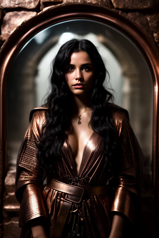 a 26yo female adventurer, adventurer clothes, face in (A Ancient copper mirror), underground Mysterious Ancient Relics, black hair, cinematic
