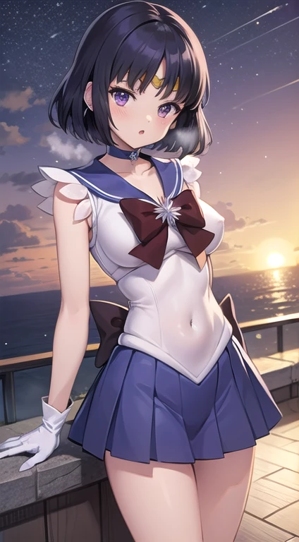 (masterpiece:1.2, best quality:1.2), ((shiratama)), R15, highres, (extremely detailed), (intricate), (beautiful dentaled glow:1.2), sunset, gradient sky, space, cinematic lighting, (pixiv), 1girl, (8k, HD, portrait, cowboy shot, anime, 4k, novel illumination), soft outline, (perfect quality:1.2), bangs
BREAK (tomoe hotaru, sailor saturn), purple eyes, purple hair, short hair,
BREAK back bow, purple bow, purple choker, purple sailor collar, purple skirt, bow, choker, earring, tiara, white gloves, jewelry, magical girl, large breast, collarbone, (white leotard), miniskirt, sailor collar, sailor senshi uniform, boots, (sleeveless), (see-through), (skindentation:1.2), (steaming body:1.2), (bare shoulders, bare hip, thighs, covered navel, knee boots)
BREAK (perfect anomary, perfect hand), (perfect cute face:1.4), (perfect clothes, perfect body), night, (sky:1.2), heavy breathing, (:o, (in front), outdoor, energy, battle, NFSW)