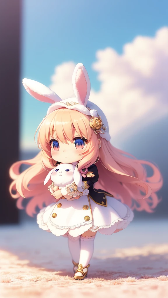 Bunny Morphing Girl, Fluffy, Soft ((Best Quality)), ((masutepiece)), ( Extreme Detail, Supreme Detail, Official art, Beauty and aesthetics: 1.2), depth of fields, Composition, Full body, (Chibi), (Beautiful and detailed eyes: 1.3), (Very satisfied:1), Colorful clouds blurred background