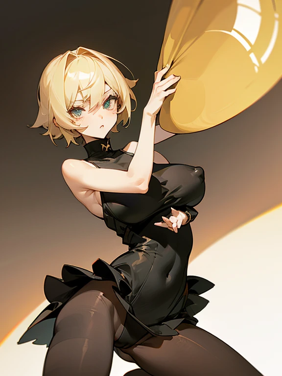 huge tit、A  girl、tight skirts、Sleeveless dress、a blond、short-hair、verd s eyes、Black pantyhose、opening legs、stiff nipple、slim thigh、
