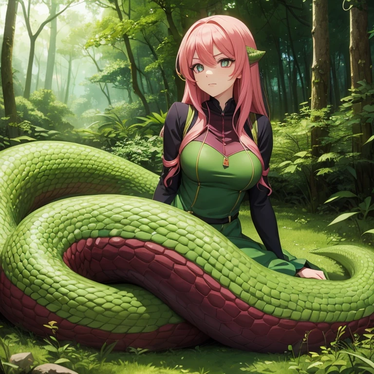 Anime style image of a lamia girl who is in a forest and her gaze is cold and she is not smiling